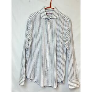 Robert Graham Mens Lg White/Purple Embroidered Striped Long Sleeve Preppy Shirt